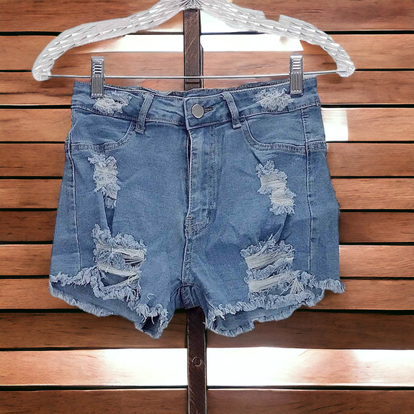 Unbranded Pants - Stone Washed Distressed Raw Hem Ripped High-waisted Boyfriend Denim Shorts Small